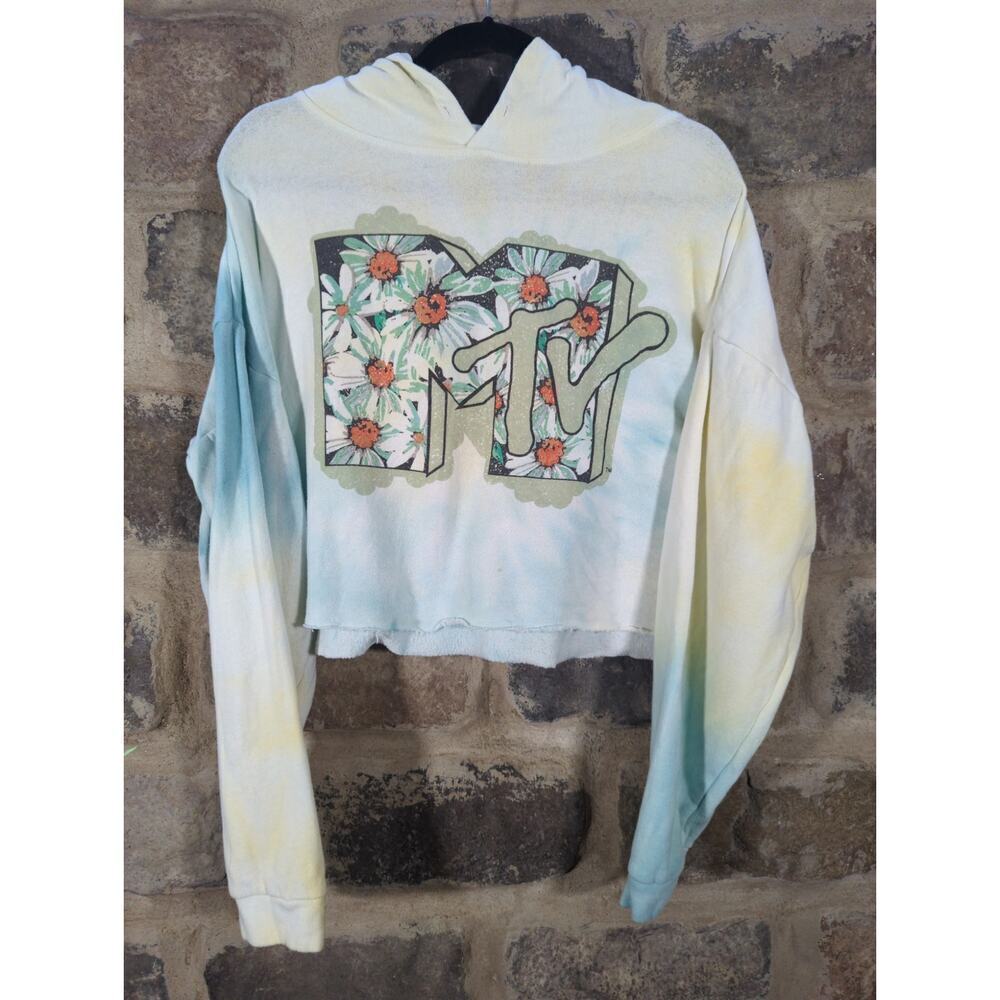 MTV Floral Logo Tie Dye Cropped Hoodie Blue Yellow Womens Size OS Retro Y2K